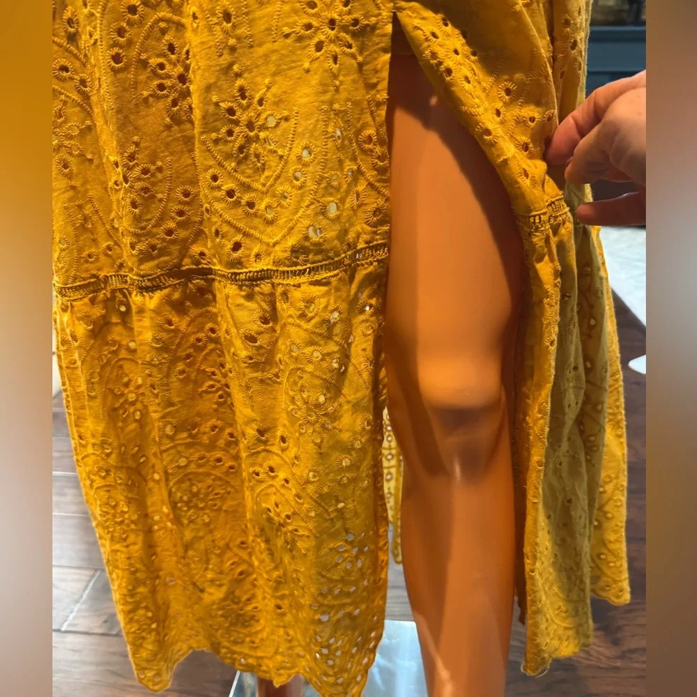 Boho Eyelet Midi Dress Mustard Yellow Sundress Slit Summer Size S - Picture 5 of 8